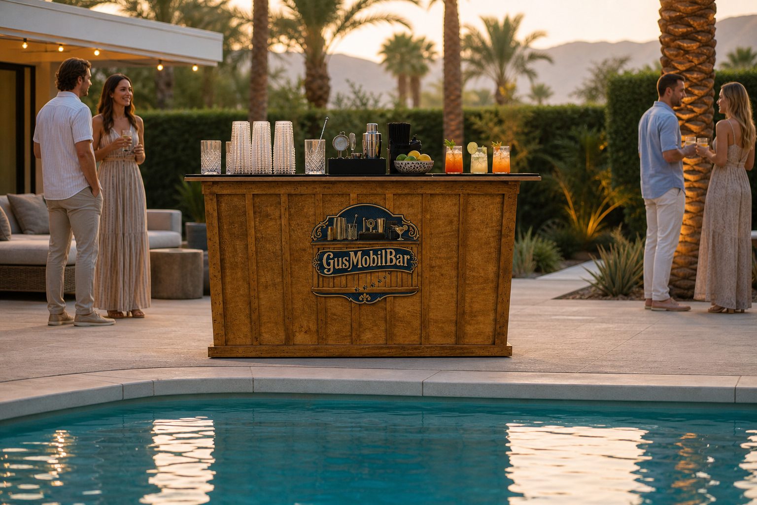 Gus Mobil Bar en una fiesta junto a la piscina al atardecer